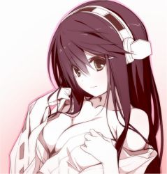 Rule 34 | 10s, 1girl, bare shoulders, black eyes, black hair, breasts, cleavage, collarbone, hair ornament, hairband, haruna (kancolle), headgear, ichikawa noa, kantai collection, long hair, looking at viewer, nontraditional miko, smile, solo, upper body