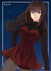 Rule 34 | 1girl, aozaki aoko, black sweater, blue eyes, breasts, brown hair, buttons, closed mouth, commentary request, dress, grey pantyhose, hair intakes, hand on own hip, long hair, long sleeves, looking at viewer, mahou tsukai no yoru, medium breasts, mixed-language commentary, night, night sky, outdoors, pantyhose, red dress, sky, smile, solo, star (sky), sweater, symoca, turtleneck, turtleneck sweater, twitter username
