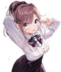 Rule 34 | 1girl, :3, blue eyes, blue nails, blush, bow, bowtie, brooch, center frills, collared shirt, commentary, flying sweatdrops, frills, hair bow, hair ornament, high-waist skirt, highres, jewelry, kanda done, light brown hair, long sleeves, looking at viewer, medium hair, nail polish, nijisanji, open mouth, ponytail, shirt, simple background, skirt, smile, solo, striped bow, striped clothes, striped skirt, suzuhara lulu, sweat, upper body, vertical-striped clothes, vertical-striped skirt, virtual youtuber, white background, white shirt, x hair ornament