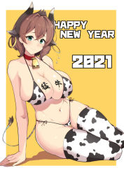 Rule 34 | 1girl, 2021, animal ears, animal print, bare shoulders, bell, bikini, blush, body writing, boots, breasts, brown hair, calligraphy, chinese zodiac, cleavage, collar, cow ears, cow girl, cow horns, cow print, cow tail, cowbell, earrings, falcom, green eyes, happy new year, highleg, highleg bikini, highleg swimsuit, hoop earrings, horn, horns, huge breasts, jewelry, large breasts, large pasta, looking at viewer, midriff, mole, mole under eye, navel, new year, ox (chinese zodiac), raging bull (ys), short hair, side-tie bikini bottom, simple background, sitting, smile, solo, sweat, sweatdrop, swimsuit, tail, thick thighs, thigh boots, thighhighs, thighs, white bikini, year of the ox, ys, ys ix monstrum nox