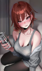 Rule 34 | 1girl, aketa mikoto, asahi breweries, bare shoulders, beer can, blonde hair, blush, breasts, brown eyes, brown hair, brown pantyhose, can, cardigan, cleavage, colored tips, condensation, couch, curtains, drink, drink can, drunk, fingernails, gradient eyes, grey cardigan, grey shorts, grey tank top, hair ornament, hairclip, hand up, highres, holding, holding drink, idolmaster, idolmaster shiny colors, indoors, large breasts, long fingernails, long sleeves, mirei, multicolored eyes, multicolored hair, off shoulder, on couch, open cardigan, open clothes, pantyhose, parted lips, short hair, short shorts, shorts, sitting, smile, solo, tank top