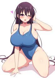 Rule 34 | 1girl, :d, aikome (haikome), arm between legs, bare legs, barefoot, blue one-piece swimsuit, blush, breasts, brown hair, cleavage, colored eyelashes, covered navel, curvy, hair between eyes, hand in own hair, hand on own head, heart, highres, kneeling, large breasts, long hair, looking at viewer, one-piece swimsuit, open mouth, original, purple eyes, school swimsuit, sidelocks, simple background, skindentation, smile, solo, swimsuit, taut clothes, taut swimsuit, thighs, very long hair, white background