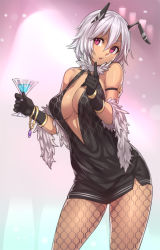 Rule 34 | 1girl, :o, antennae, black gloves, bracelet, breasts, center opening, cleavage, cup, dress, feather boa, formal, gloves, halterneck, houtengeki, jewelry, large breasts, original, pantyhose, pink eyes, short hair, silver hair, solo, unmoving pattern