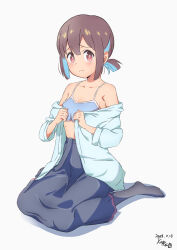Rule 34 | 1girl, bare shoulders, black pantyhose, black skirt, blue bra, blue hair, blush, bra, brown eyes, brown hair, collarbone, commentary, dated, flat chest, frown, full body, hair between eyes, highres, hozuki momiji, kippei, long sleeves, looking at viewer, multicolored hair, no shoes, off shoulder, onii-chan wa oshimai!, open clothes, open shirt, pantyhose, school uniform, short hair, short ponytail, signature, simple background, sitting, skirt, solo, suspender skirt, suspenders, two-tone hair, underwear, undressing, wariza, white background