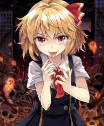 Rule 34 | 1girl, black dress, blonde hair, city, commentary request, dress, e.o., hair ribbon, highres, looking at viewer, neck ribbon, night, night sky, red eyes, red ribbon, ribbon, rumia, shirt, short hair, short sleeves, skull, sky, smile, solo, tongue, tongue out, touhou, upper body, v-shaped eyebrows, white shirt
