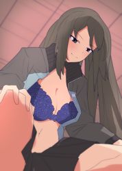 Rule 34 | 1girl, blue bra, blue jacket, blue skirt, blush, bra, breasts, brown eyes, brown hair, closed mouth, girls und panzer, half-closed eyes, hands on own knees, highres, jacket, keizoku military uniform, long hair, long sleeves, looking at viewer, medium breasts, mika (girls und panzer), military, military uniform, miniskirt, navel, open clothes, open jacket, pleated skirt, skirt, smile, solo, squatting, track jacket, underwear, uniform, zannen hero