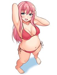 Rule 34 | 1girl, arm up, armpits, bad id, bad pixiv id, bikini, blue eyes, blush, breasts, covered erect nipples, from above, full body, long hair, looking at viewer, medium breasts, neri sachiko, open mouth, original, pink hair, plump, red bikini, side-tie bikini bottom, simple background, smile, solo, standing, swimsuit, white background