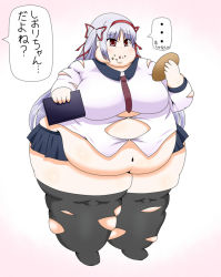 Rule 34 | 00s, 11eyes, 1girl, belly, breasts, eating, fat, large breasts, shiori (11eyes), silver hair, solo