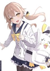 Rule 34 | 1girl, backpack, bag, blue archive, blush, bow, bowtie, brown hair, deca purio, hair between eyes, hand up, hifumi (blue archive), looking at viewer, low twintails, open mouth, peroro (blue archive), sailor collar, shirt, simple background, sleeves past wrists, smile, solo, twintails, upper body, white background, white shirt, yellow bow, yellow bowtie, yellow eyes