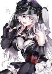 Rule 34 | 1girl, absurdres, azur lane, bare shoulders, black bow, black gloves, black hat, black thighhighs, blue eyes, blush, bow, clothing cutout, commentary request, elbe (azur lane), glasses, gloves, hair bow, hair ornament, hat, heart, highres, long hair, long sleeves, looking at viewer, open mouth, shoulder cutout, silver hair, simple background, smile, solo, thighhighs, toto tony, two side up, white background