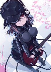 Rule 34 | 1girl, alternate costume, bad id, bad pixiv id, baseball cap, black pantyhose, boots, breasts, brown hair, cable, checkered floor, floor, from above, guitar, hair over one eye, hat, headphones, impossible clothes, impossible jacket, instrument, jacket, pantyhose under shorts, looking up, nitroplus, no lineart, paint splatter, pantyhose, perspective, rca, red eyes, short hair, shorts, solo, standing, star (symbol), super sonico, text focus, zipper
