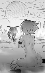 Rule 34 | 1girl, absurdres, ass, breasts, covering privates, covering breasts, from behind, fur, greyscale, highres, horns, huge filesize, kirin (armor), monkey, monochrome, monster, monster hunter (series), niwarhythm, nude, rajang, short hair, sideboob, single horn, sitting, sunset, sweat, torn, torn clothes, torn legwear, walking away, wariza