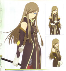 Rule 34 | 00s, 3girls, arm behind back, hair over one eye, high collar, highres, multiple girls, multiple persona, multiple views, official art, one eye covered, scan, standing, swept bangs, tales of (series), tales of the abyss, tear grants, white background