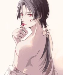 Rule 34 | 10s, 1boy, androgynous, back, bad id, bad pixiv id, bare shoulders, black hair, blood, blood stain, cuts, earrings, ecrumist, finger to mouth, from behind, injury, jewelry, kashuu kiyomitsu, lipstick, long hair, looking at viewer, looking back, makeup, male focus, mash, mash (tartemzmz), mole, mole under mouth, off shoulder, personification, ponytail, red eyes, red lips, simple background, solo, touken ranbu, trap, undressing, upper body