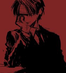 Rule 34 | 1boy, bandaged head, bandages, chrollo lucilfer, closed mouth, formal, head rest, highres, hunter x hunter, maki keigo, male focus, monochrome, necktie, red background, red theme, simple background, sketch, smile, solo, suit, upper body