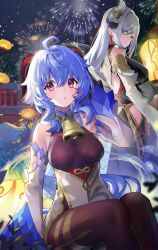 Rule 34 | 2girls, :o, absurdres, bell, black gloves, black leotard, blue hair, breasts, closed mouth, detached sleeves, fireworks, ganyu (genshin impact), genshin impact, gloves, hair between eyes, hair ornament, highres, hip vent, horns, lantern, large breasts, leotard, long hair, looking at viewer, medium breasts, multiple girls, neck bell, night, outdoors, parted lips, purple eyes, shenhe (genshin impact), sitting, sky, very long hair, wumumu