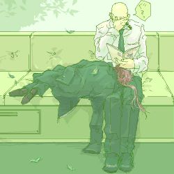 Rule 34 | 1990s (style), 2boys, bald, black jacket, book, couch, facepalm, final fantasy, final fantasy vii, formal, jacket, lap pillow, leaf, long hair, lowres, lying, male focus, multiple boys, necktie, open book, reading, red hair, reno (ff7), retro artstyle, rude (ff7), sitting, sleeping, suit, sunglasses, translation request, turks (ff7)
