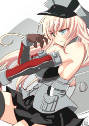 Rule 34 | 10s, 1girl, alternate bottom wear, bare shoulders, bismarck (kancolle), black skirt, black thighhighs, blush, breasts, brown gloves, chize, detached sleeves, female focus, gloves, hat, kantai collection, large breasts, long hair, long sleeves, military, military uniform, miniskirt, peaked cap, pleated skirt, simple background, skirt, solo, thighhighs, uniform