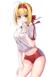 Rule 34 | 10s, 1girl, :o, ahoge, blush, bottle, bow, braid, breasts, buruma, fate/extra, fate (series), green eyes, gym shirt, gym uniform, hair between eyes, hair bow, hair intakes, hairband, hand on leg, hand on own thigh, holding, holding bottle, large breasts, leaning forward, looking at viewer, midriff, navel, nero claudius (fate), nero claudius (fate) (all), nero claudius (fate/extra), nero claudius (olympian bloomers) (fate), official alternate costume, parted lips, puffy short sleeves, puffy sleeves, red bow, red buruma, red hairband, shanguier, shirt, short sleeves, solo, water bottle, white shirt