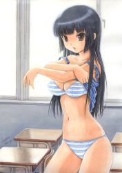 Rule 34 | 00s, 1girl, akiyama mio, bad id, bad pixiv id, black hair, bra, breasts, brown eyes, classroom, cleavage, clothes lift, desk, k-on!, large breasts, lingerie, long hair, navel, panties, sarah sauge, school, shirt lift, signature, solo, striped bra, striped clothes, striped panties, tank top, traditional media, underwear, undressing