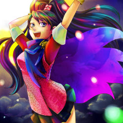 Rule 34 | 1girl, ace attorney, ace attorney investigations, alternate eye color, arms up, black hair, blue eyes, blurry, cloud, depth of field, eyelashes, happy, kay faraday, long hair, miniskirt, open mouth, pleated skirt, ponytail, scarf, skirt, sky, smile, solo, swept bangs, teeth, wavy hair, yoshii kyoko