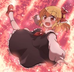 Rule 34 | 1girl, :d, artist name, ascot, black skirt, black vest, blonde hair, collared shirt, floating, frilled skirt, frills, hair ribbon, highres, long sleeves, looking at viewer, mary janes, medium hair, necktie, open mouth, outstretched arms, red ascot, red background, red eyes, red necktie, red ribbon, ribbon, rokugou daisuke, rumia, shirt, shoes, skirt, smile, socks, spread arms, touhou, vest, white shirt