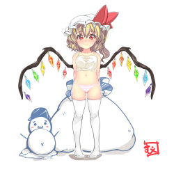 Rule 34 | 1girl, :3, arms behind back, bag, blonde hair, blush, bucket, bucket hat, bucket on head, camisole, collarbone, female focus, flandre scarlet, hat, hat ribbon, highres, looking at viewer, muku (komainu), navel, no pants, no shoes, object on head, panties, pigeon-toed, pink panties, red eyes, ribbon, sack, side ponytail, smile, snowman, solo, stomach, striped clothes, striped panties, thighhighs, touhou, underwear, underwear only, white thighhighs, wings