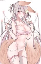 Rule 34 | 1girl, acedia, animal ear fluff, animal ears, annytf, asymmetrical legwear, blush, bra, breasts, bug, chain, cleavage, double v, ears down, firefly, fox ears, fox girl, fox tail, frilled bra, frills, grey hair, hair lift, hair ornament, halterneck, highleg, highres, holding, holding hair, indie virtual youtuber, insect, long hair, looking at viewer, medium breasts, multicolored hair, open mouth, paid reward available, panties, pink bra, pink eyes, pink panties, solo, star (symbol), star hair ornament, streaked hair, string panties, tail, thigh strap, thighhighs, thighs, twitter username, underwear, underwear only, v, virtual youtuber