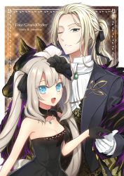 Rule 34 | 1boy, 1girl, :d, black dress, black flower, black gloves, black jacket, black ribbon, blue eyes, breasts, character name, choker, cleavage, dress, fate/grand order, fate (series), flower, gloves, green eyes, hair flower, hair ornament, hair ribbon, jacket, jewelry, long hair, marie antoinette (fate), marie antoinette (formal dress) (fate), medium breasts, nakamura hinato, necklace, official alternate costume, one eye closed, open clothes, open jacket, open mouth, ponytail, ribbon, silver hair, sleeveless, sleeveless dress, smile, strapless, strapless dress, twintails, upper body, very long hair, white gloves, wolfgang amadeus mozart (fate), wolfgang amadeus mozart (formal dress) (fate)