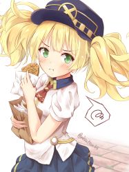 Rule 34 | 1girl, :t, bag, black hat, blonde hair, blue skirt, blush, closed mouth, collared shirt, commentary request, eating, flat cap, food, green eyes, hat, highres, holding, holding bag, holding food, long hair, looking at viewer, minazuki mizu, monika weisswind, paper bag, pleated skirt, princess connect!, puffy short sleeves, puffy sleeves, red neckwear, shirt, short sleeves, skirt, solo, spoken squiggle, squiggle, taiyaki, twintails, twitter username, v-shaped eyebrows, wagashi, white background, white shirt