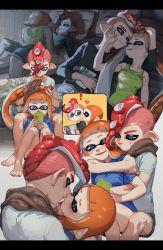 Rule 34 | !, 1boy, 1girl, all fours, arm around neck, banonefans, barefoot, black shirt, black shorts, blue eyes, blue shirt, blunt bangs, book, camisole, cellphone, closed mouth, commentary, dated, green shirt, grey shirt, half-closed eyes, hand on another&#039;s face, heart, hetero, highres, holding, holding another&#039;s hair, holding book, holding phone, hug, hug from behind, imminent kiss, inkling, inkling girl, inkling player character, kiss, kissing cheek, letterboxed, long hair, long sleeves, looking at another, lying, makeup, mascara, mask, mohawk, multiple views, nintendo, octoling, octoling player character, on back, on bed, one eye closed, open mouth, orange hair, phone, pillow, pointy ears, red hair, shirt, short shorts, shorts, sitting, smartphone, smile, suction cups, sweat, t-shirt, tentacle hair, wide-eyed