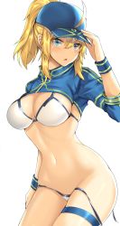Rule 34 | 1girl, absurdres, ahoge, artoria pendragon (fate), baseball cap, bikini, blonde hair, blue eyes, breasts, cleavage, clyde s, commentary, commentary request, english commentary, fate/grand order, fate (series), hair between eyes, has bad revision, has downscaled revision, hat, highres, korean commentary, large breasts, looking at viewer, md5 mismatch, mysterious heroine x (fate), mysterious heroine xx (fate), partial commentary, ponytail, resolution mismatch, revision, shrug (clothing), side-tie bikini bottom, solo, source smaller, swimsuit, thigh strap, untied bikini, white background, white bikini, wristband
