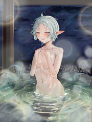 Rule 34 | 1girl, absurdres, blush, breasts, collarbone, completely nude, covering breasts, covering privates, elf, grey hair, heart, heart-shaped pupils, highres, lens flare, looking at viewer, mushoku tensei, navel, night, night sky, nude, onsen, parted bangs, partially submerged, pointy ears, shooting star, short hair with long locks, sky, small breasts, smile, solo, standing, sylphiette (mushoku tensei), symbol-shaped pupils, synchro penguin, water