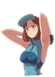 Rule 34 | 1girl, absurdres, ace trainer (pokemon), armpits, arms behind head, arms up, blush, breasts, brown eyes, brown hair, collared shirt, covered navel, creatures (company), game freak, gloves, high collar, highres, large breasts, matching hair/eyes, namunamu, nintendo, npc trainer, outstretched arm, pokemon, pokemon sm, shirt, short hair, sideboob, sleeveless, smile, solo, upper body, visor cap, white background