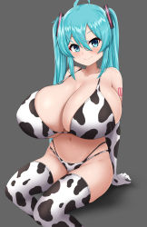 Rule 34 | 1girl, absurdres, aqua eyes, aqua hair, bare shoulders, bikini, bikini top only, breasts, cleavage, commentary request, cow print, cow print bikini, elbow gloves, gloves, grey background, hatsune miku, highres, huge breasts, looking at viewer, navel, print bikini, print thighhighs, sayo ayato, simple background, sitting, smile, solo, swimsuit, thighhighs, vocaloid