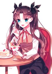 Rule 34 | 1girl, :d, black pantyhose, black ribbon, black skirt, blue eyes, brown hair, brown jacket, byulrorqual, cake, dress shirt, fate/stay night, fate (series), food, hair ribbon, holding, jacket, long hair, miniskirt, neck ribbon, open mouth, pantyhose, parfait, pleated skirt, red ribbon, ribbon, shirt, signature, simple background, sitting, skirt, smile, solo, tohsaka rin, twintails, two side up, very long hair, white background, white shirt