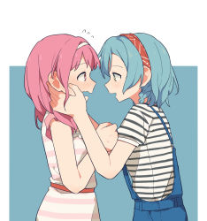 Rule 34 | 2girls, bang dream!, blue background, blue hair, blush, braid, clenched hand, coldcat., commentary, cowboy shot, dress, ear blush, embarrassed, eye contact, face-to-face, hands on another&#039;s cheeks, hands on another&#039;s face, headband, highres, hikawa hina, looking at another, maruyama aya, medium hair, multiple girls, overalls, pink dress, pink hair, profile, red headband, short hair, short sleeves, side braids, simple background, striped clothes, striped dress, wavy mouth, white dress, white headband, yuri
