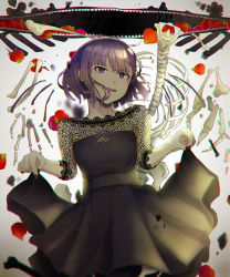 Rule 34 | 1girl, :d, black dress, black nails, blunt bangs, character name, chinese lantern (plant), cowboy shot, dress, highres, nail polish, open mouth, otome kaibou (vocaloid), petals, pleated dress, purple eyes, purple hair, short dress, short hair, skeleton, skirt hold, smile, solo, standing, unn02106, vocaloid