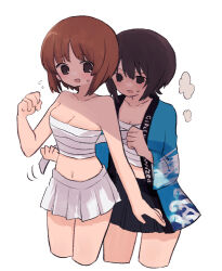 Rule 34 | 2girls, bare shoulders, black skirt, blue jacket, blush, breasts, brown eyes, brown hair, cleavage, commentary, copyright name, cropped legs, flying sweatdrops, girls und panzer, hanten (clothes), highres, jacket, looking at another, looking at viewer, medium breasts, miniskirt, motion lines, multiple girls, navel, nishizumi maho, nishizumi miho, no shirt, open clothes, open jacket, open mouth, pleated skirt, ri (qrcode), sarashi, short hair, siblings, simple background, sisters, skirt, smile, standing, steam, sweatdrop, tying, white background, white skirt