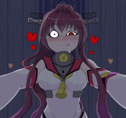 Rule 34 | 10s, 1girl, mismatched irises, bad id, bad pixiv id, bare shoulders, blush, breasts, brown hair, crazy eyes, detached sleeves, drooling, heart, heart-shaped pupils, kantai collection, kodachi (kuroyuri shoukougun), long hair, red eyes, saliva, solo, symbol-shaped pupils, tongue, tongue out, yamato (kancolle), yandere, you gonna get raped, z flag