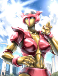 Rule 34 | 1970s (style), aphrodai a, aphrodite a, breasts, building, cityscape, cloud, hand on own hip, large breasts, mazinger (series), mazinger z, mecha, no humans, oldschool, retro artstyle, robot, salute, science fiction, sky, sunlight, super robot, toei animation, ueyama michirou, upper body