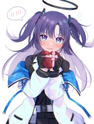 Rule 34 | 1girl, belt, black gloves, black jacket, black skirt, blue archive, blue eyes, blush, box, breasts, chromatic aberration, closed mouth, coat, gift, gift box, gloves, halo, hands up, heart-shaped box, highres, holding, holding gift, jacket, kurape (pat1na), lips, long hair, long sleeves, looking at viewer, off shoulder, parted bangs, pouch, purple hair, simple background, skirt, small breasts, solo, spoken blush, two side up, upper body, valentine, white background, white coat, yuuka (blue archive)
