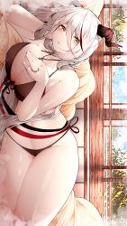 Rule 34 | 1girl, absurdres, aegir (azur lane), arm support, azur lane, bare arms, bikini, black bikini, blush, breasts, cleavage, dutch angle, front-tie top, hair between eyes, halterneck, hand on own chest, head rest, highres, horns, indoors, jewelry, large breasts, long hair, looking at viewer, lying, multicolored hair, navel, necklace, on side, parted lips, red hair, ring, samip, side-tie bikini bottom, sideways, streaked hair, string bikini, swimsuit, thighs, white hair, window, yellow eyes