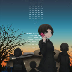 Rule 34 | bare tree, brick, brick wall, brown eyes, brown hair, building, cellphone, credits, cross, dress, formal, funeral, funeral dress, japanese clothes, multiple girls, open mouth, original, outdoors, phone, short hair, sky, star (symbol), sunset, talking on phone, text focus, tree, vehicle, yajirushi (chanoma)