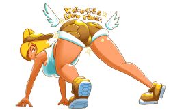 Rule 34 | 1girl, absurdres, all fours, ass, backwards hat, baseball cap, blonde hair, cameltoe, hat, highres, koopa, koopa paratroopa, looking at viewer, looking back, mario (series), minuspal, nintendo, personification, running shoes, short hair, short shorts, shorts, solo, sparkle, super mario bros. 1, tank top, white background, yellow eyes
