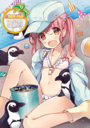 Rule 34 | 1girl, bikini, bird, blue headwear, blue shirt, boots, breasts, brown eyes, hat, highres, knee up, legs, long hair, navel, no pants, open clothes, open mouth, open shirt, original, outdoors, penguin, pink hair, rubber boots, senmen kinuko, shirt, sitting, small breasts, smile, swimsuit, thighs, twintails, water, whistle, whistle around neck, white bikini, yellow footwear