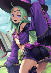 Rule 34 | 1girl, ahoge, alternate costume, ass, back bow, bare shoulders, blush, book, bow, breasts, broom, broom riding, cameltoe, circlet, cleavage, cleft of venus, cloud, commentary, day, fat mons, fire emblem, fire emblem awakening, fire emblem heroes, flat chest, floating, grass, green hair, hand on headwear, hat, hip focus, huge ass, lasterk, levitation, long hair, long sleeves, looking at viewer, looking back, nintendo, nowi (fire emblem), open mouth, outdoors, oversized clothes, pointy ears, purple eyes, revision, shorts, sky, small breasts, smile, solo, teeth, thighs, wide hips, wide sleeves, witch, witch hat