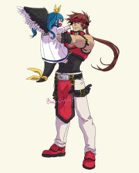 Rule 34 | 1boy, 1girl, abs, aged down, alternate universe, angel wings, asymmetrical wings, belt, brown hair, carrying, child, dizzy (guilty gear), english text, father and daughter, guilty gear, guilty gear x, guilty gear xx, headband, highres, long hair, ponytail, simple background, smile, smirkingcat, sol badguy, staring, twitter username, wings