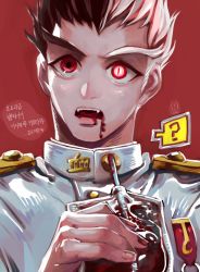 Rule 34 | 1boy, ?, bad id, bad twitter id, black hair, blood, blood bag, blood from mouth, commentary request, danganronpa: trigger happy havoc, danganronpa (series), fangs, gakuran, glowing, glowing eye, hand up, highres, holding, ishimaru kiyotaka, looking at viewer, mainu (mynhu 0817), male focus, open mouth, portrait, red background, red eyes, school uniform, short hair, simple background, solo, spoken question mark, teeth, translation request, upper body, white hair