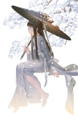 Rule 34 | 1girl, anklet, arm at side, brown hair, chinese clothes, flat chest, flats, floral print, from side, hair ornament, hair stick, half updo, hanfu, highres, holding, holding umbrella, invisible chair, jewelry, kikichan, long hair, long sleeves, looking away, moonlight blade, oil-paper umbrella, profile, ribbon, sash, sitting, solo, umbrella, white background, wide sleeves